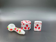 Load image into Gallery viewer, Glass strawberry glow in the dark pipe + strawberry 2.5 inch aluminum grinder + flip top lighter