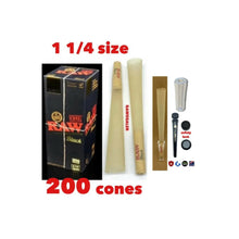 Load image into Gallery viewer, Raw black classic 1 1/4 size pre rolled cone with tip 50pk | 100pk | 200pk | 300pk |+ Philadelphia smell proof tube + Glass cone holder tip