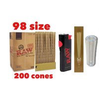 Load image into Gallery viewer, RAW 98 Special Size cone pre rolled (50, 100, 200, 300, 400, 500) + Raw Phoenix refillable lighter + Glass tip