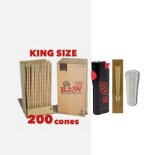 Load image into Gallery viewer, Raw classic King Size cone pre rolled (50, 100, 200, 300, 400, 500) + Raw phoenix refillable lighter + Glass tip