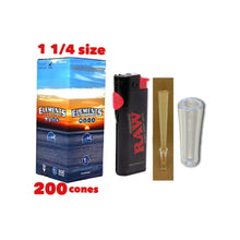 Load image into Gallery viewer, Elements Organic 1 1/4 Size cone pre rolled (50, 100, 200, 300, 400, 500) + Raw Phoenix refillable lighter + Cone Glass Holder Tip