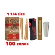 Load image into Gallery viewer, Zig Zag Unbleached 1 1/4 Size cone pre rolled (50, 100, 200, 300, 400, 500) + Raw phoenix refillable lighter + Glass tip