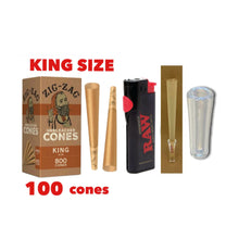 Load image into Gallery viewer, Zig Zag Unbleached king size cone pre rolled (50, 100, 200, 300, 400, 500) + Raw phoenix refillable lighter + Glass tip