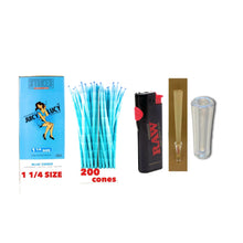 Load image into Gallery viewer, Juicy Lucy Blue 1 1/4 Size cone pre rolled (50, 100, 200, 300, 400, 500) + Raw Phoenix refillable lighter + Glass tip
