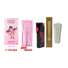 Load image into Gallery viewer, Juicy Lucy Pink 1 1/4 Size cone pre rolled (50, 100, 200, 300, 400, 500) + Raw Phoenix refillable lighter + Glass tip