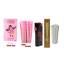 Load image into Gallery viewer, Juicy Lucy Pink King Size cone pre rolled (50, 100, 200, 300, 400, 500) + Raw Phoenix refillable lighter + Glass Tip