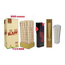 Load image into Gallery viewer, RAW Organic 1 1/4 Size cone pre rolled (50, 100, 200, 300, 400, 500) + Raw Phoenix refillable lighter + glass tip