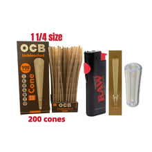 Load image into Gallery viewer, OCB Unbleached 1 1/4 Size cone pre rolled (50, 100, 200, 300, 400, 500) + Raw Phoenix Lighter + Glass Tip
