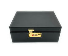 Load image into Gallery viewer, Black Color Premium large bamboo stash box with combination lock and removable sliding tray + aluminum 2.5” grinder + glass jar + tin cone holder