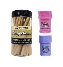 Load image into Gallery viewer, Blazy Susan unbleached 1 1/4 size pre rolled cone (50 jar) + Blazy Susan mini 4-piece herb saver grinder