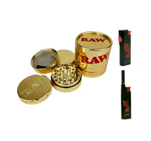 Load image into Gallery viewer, Raw ethereal grinder stainless steel gold 60mm + Raw phoenix lighter + Raw extendo lighter