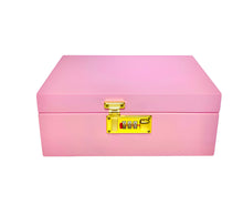 Load image into Gallery viewer, Pink Premium large bamboo stash box with combination lock and removable sliding tray + aluminum 2.5” grinder + glass jar + tin cone holder