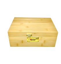 Load image into Gallery viewer, Premium large bamboo stash box with combination lock and removable sliding tray + aluminum 2.5” grinder + glass jar + tin cone holder