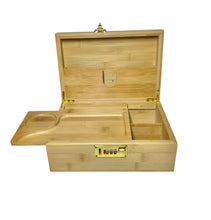 Load image into Gallery viewer, Premium large bamboo stash box with combination lock and removable sliding tray + aluminum 2.5” grinder + glass jar + tin cone holder