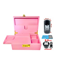 Load image into Gallery viewer, Pink Premium large bamboo stash box with combination lock and removable sliding tray + aluminum 2.5” grinder + glass jar + tin cone holder