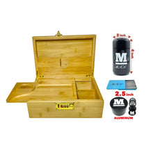 Load image into Gallery viewer, Premium large bamboo stash box with combination lock and removable sliding tray + aluminum 2.5” grinder + glass jar + tin cone holder