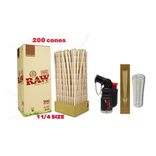 Load image into Gallery viewer, Raw organic 1/4 size cone pre rolled (50, 100, 200, 300, 400, 500) + Raw refillable torch lighter + Cone Glass Holder Tip