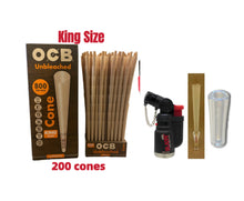 Load image into Gallery viewer, OCB Unbleached King Size cone pre rolled (50, 100, 200, 300, 400, 500) + Raw refillable torch lighter + Cone Glass Holder Tip