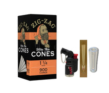 Load image into Gallery viewer, Zig Zag Ultra Thin 1 1/4 Size cone pre rolled (50, 100, 200, 300, 400, 500) + Raw refillable torch lighter + Cone Glass Holder Tip