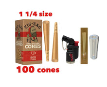Load image into Gallery viewer, Zig Zag Unbleached 1 1/4 Size cone pre rolled (50, 100, 200, 300, 400, 500) + Raw refillable torch lighter + Cone Glass Holder Tip