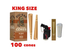 Load image into Gallery viewer, Zig Zag Unbleached King Size cone pre rolled (50, 100, 200, 300, 400, 500) + Raw refillable torch lighter + Cone Glass Holder Tip