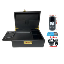 Load image into Gallery viewer, Black Color Premium large bamboo stash box with combination lock and removable sliding tray + aluminum 2.5” grinder + glass jar + tin cone holder