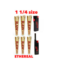 Load image into Gallery viewer, RAW classic ethereal 11/4 size pre rolled cone + raw phoenix lighter + raw extendo lighter