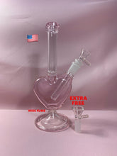 Load image into Gallery viewer, 9 inch glass pink heart bong bubbler pipe with 2x 14mm bowl.