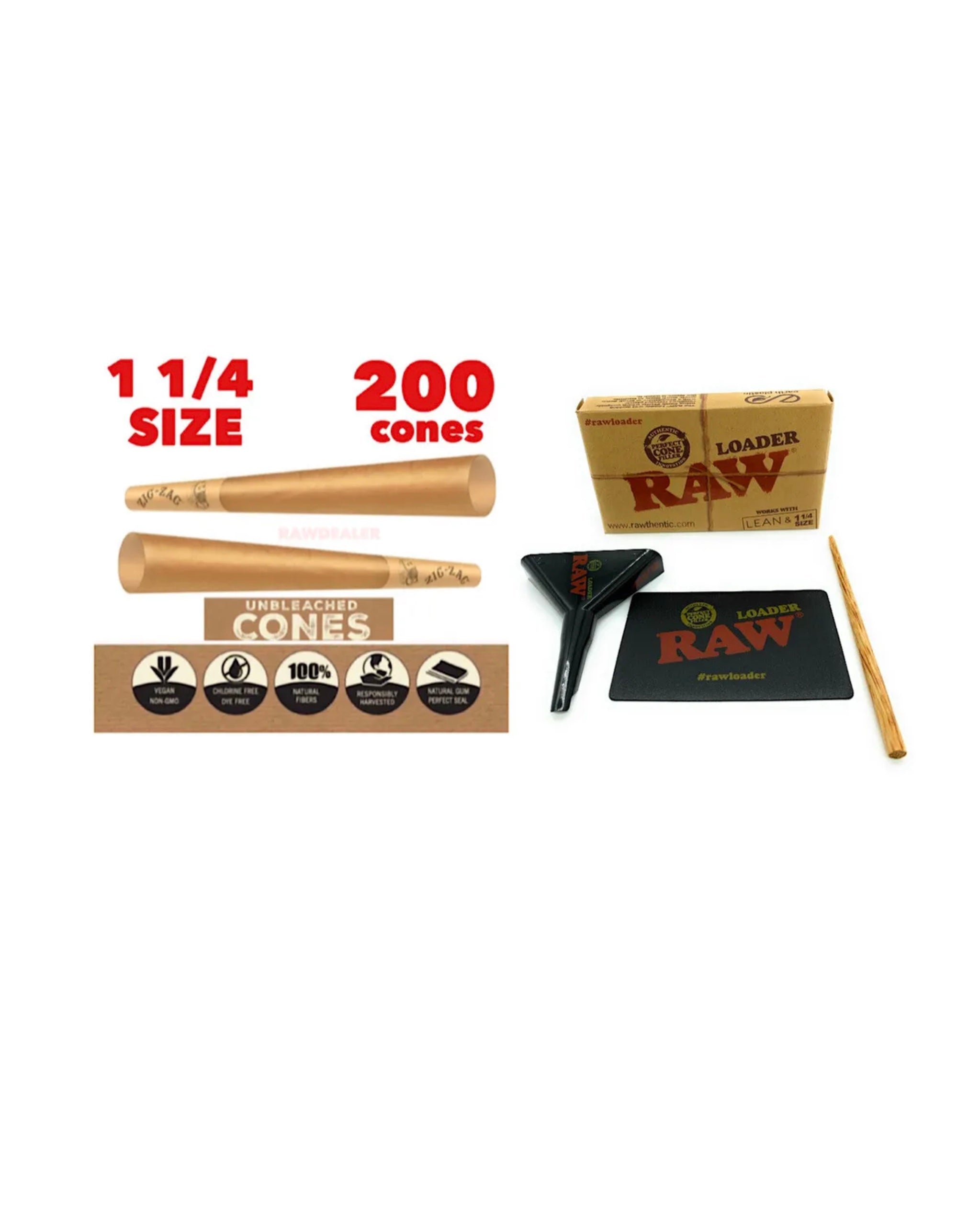 Zig Zag 1 1/4 size Unbleached Cone(200PK, 100PK, 50PK)+raw 1 1/4 cone
