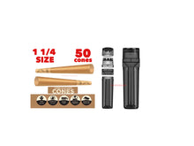 Load image into Gallery viewer, Zig zag unbleached 1 1/4 size pre rolled cone 50/100/200 cones + portable pre rolled cone 3in1 herb grinder filler storage