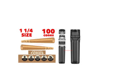 Load image into Gallery viewer, Zig zag unbleached 1 1/4 size pre rolled cone 50/100/200 cones + portable pre rolled cone 3in1 herb grinder filler storage