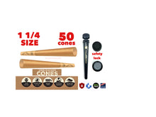 Load image into Gallery viewer, Zig zag unbleached 1 1/4 size pre rolled cone 50/100/200 cones + philadelphia smell proof tube