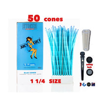 Load image into Gallery viewer, RAW Juicy Lucy BLUE pre rolled cone 1 1/4 size made in France 50pk | 100pk | 200pk + glass cone tip + BPA free tube