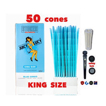 Load image into Gallery viewer, RAW Juicy Lucy BLUE pre rolled cone king size made in France 50pk | 100pk | 200pk + glass cone tip + BPA free tube