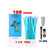 Load image into Gallery viewer, RAW Juicy Lucy BLUE pre rolled cone 1 1/4 size made in France 50pk | 100pk | 200pk + glass cone tip + BPA free tube