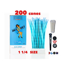 Load image into Gallery viewer, RAW Juicy Lucy BLUE pre rolled cone 1 1/4 size made in France 50pk | 100pk | 200pk + glass cone tip + BPA free tube