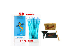 Load image into Gallery viewer, RAW Juicy Lucy BLUE pre rolled cone 1 1/4 size made in France 50pk | 100pk | 200pk + raw lean 1/4 size cone loader
