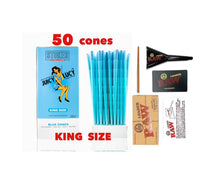 Load image into Gallery viewer, RAW Juicy Lucy BLUE pre rolled cone king size made in France 50pk | 100pk | 200pk + raw 98 king size cone loader