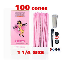 Load image into Gallery viewer, RAW Juicy Lucy PINK pre rolled cone 1 1/4 size cone made in France 50pk | 100pk | 200pk + glass cone tip + BPA free tube