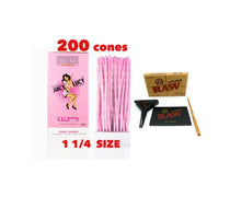 Load image into Gallery viewer, RAW Juicy Lucy PINK pre rolled cone 1 1/4 size made in France 50pk | 100pk | 200pk + raw 1 1/4 lean size cone loader kit