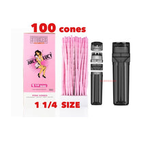 Load image into Gallery viewer, RAW Juicy Lucy PINK pre rolled cone 1 1/4 size cone made in France 50pk | 100pk | 200pk + portable 3in1 tobacco grinder