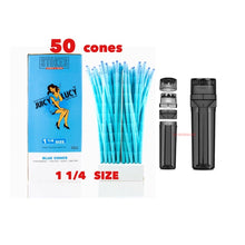 Load image into Gallery viewer, RAW Juicy Lucy BLUE pre rolled cone 1 1/4 size made in France 50pk | 100pk | 200pk + portable 3in1 grinder filler storage
