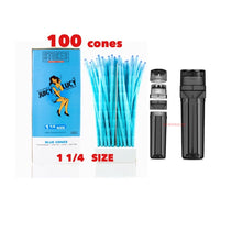 Load image into Gallery viewer, RAW Juicy Lucy BLUE pre rolled cone 1 1/4 size made in France 50pk | 100pk | 200pk + portable 3in1 grinder filler storage
