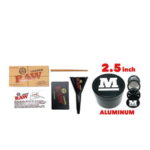 Load image into Gallery viewer, Raw 98 king size pre rolled cone loader kit + 2.5 Inch 4 Piece Large Aluminum Herb Spice Grinder Crusher (BLACK)