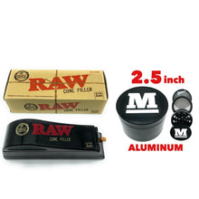 Load image into Gallery viewer, Raw 1 1/4 size pre rolled cone shooter filler kit + 2.5 Inch 4 Piece Large Aluminum Herb Spice Grinder Crusher (BLACK)