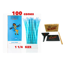 Load image into Gallery viewer, RAW Juicy Lucy BLUE pre rolled cone 1 1/4 size made in France 50pk | 100pk | 200pk + raw lean 1/4 size cone loader
