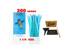 Load image into Gallery viewer, RAW Juicy Lucy BLUE pre rolled cone 1 1/4 size made in France 50pk | 100pk | 200pk + raw lean 1/4 size cone loader