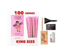 Load image into Gallery viewer, RAW Juicy Lucy PINK pre rolled cone king size made in France 50pk | 100pk | 200pk + raw 98 king size cone loader kit