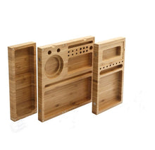 Load image into Gallery viewer, Natural hand made “Triple Flip”Bamboo Magnet Rolling Fold-able Tray with Built-in Ashtray