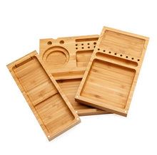 Load image into Gallery viewer, Natural hand made “Triple Flip”Bamboo Magnet Rolling Fold-able Tray with Built-in Ashtray